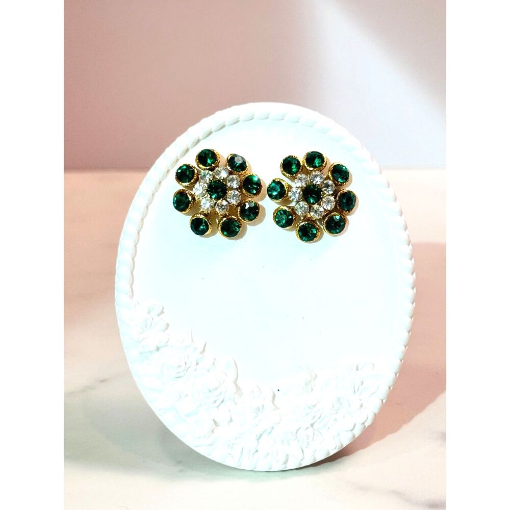 Green | White CZ Flower Stud Earrings